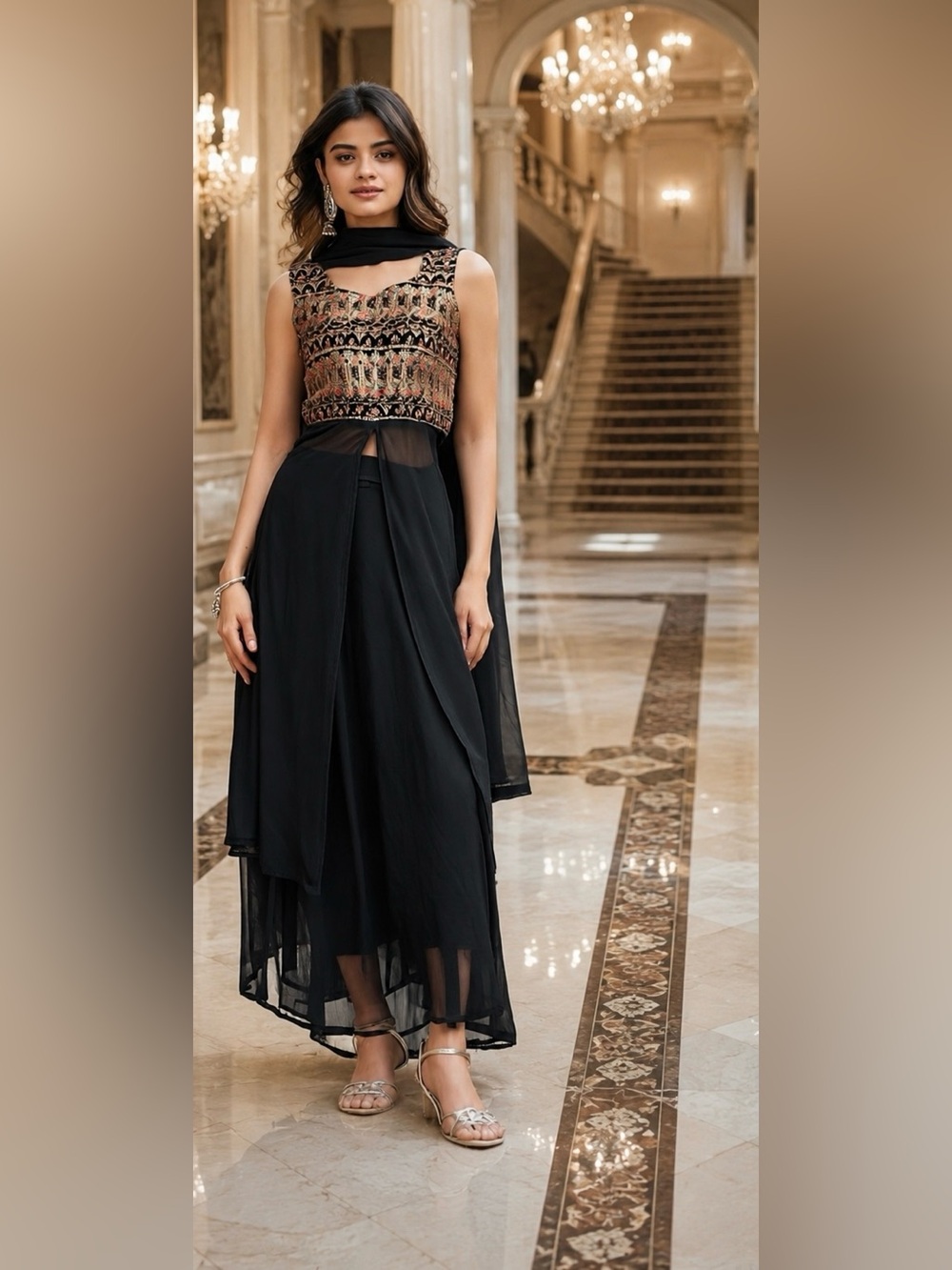 Boutique high Front Slit Embroidery 3 pic set Skirt long top and skirt set M-l
